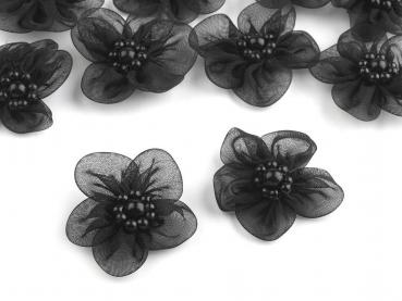 Organza Blüte mit Perlen Ø 30 mm Schwarz